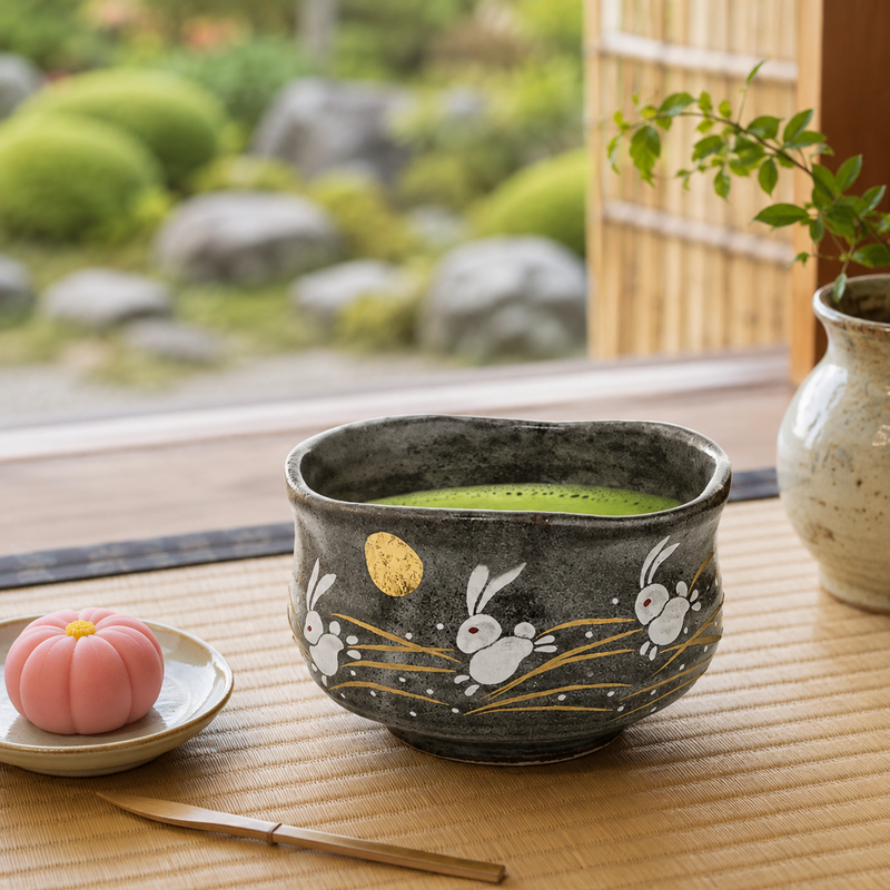 KUTANI WARE MATCHA BOWL - GOLDEN MOON AND RABBIT DESIGN