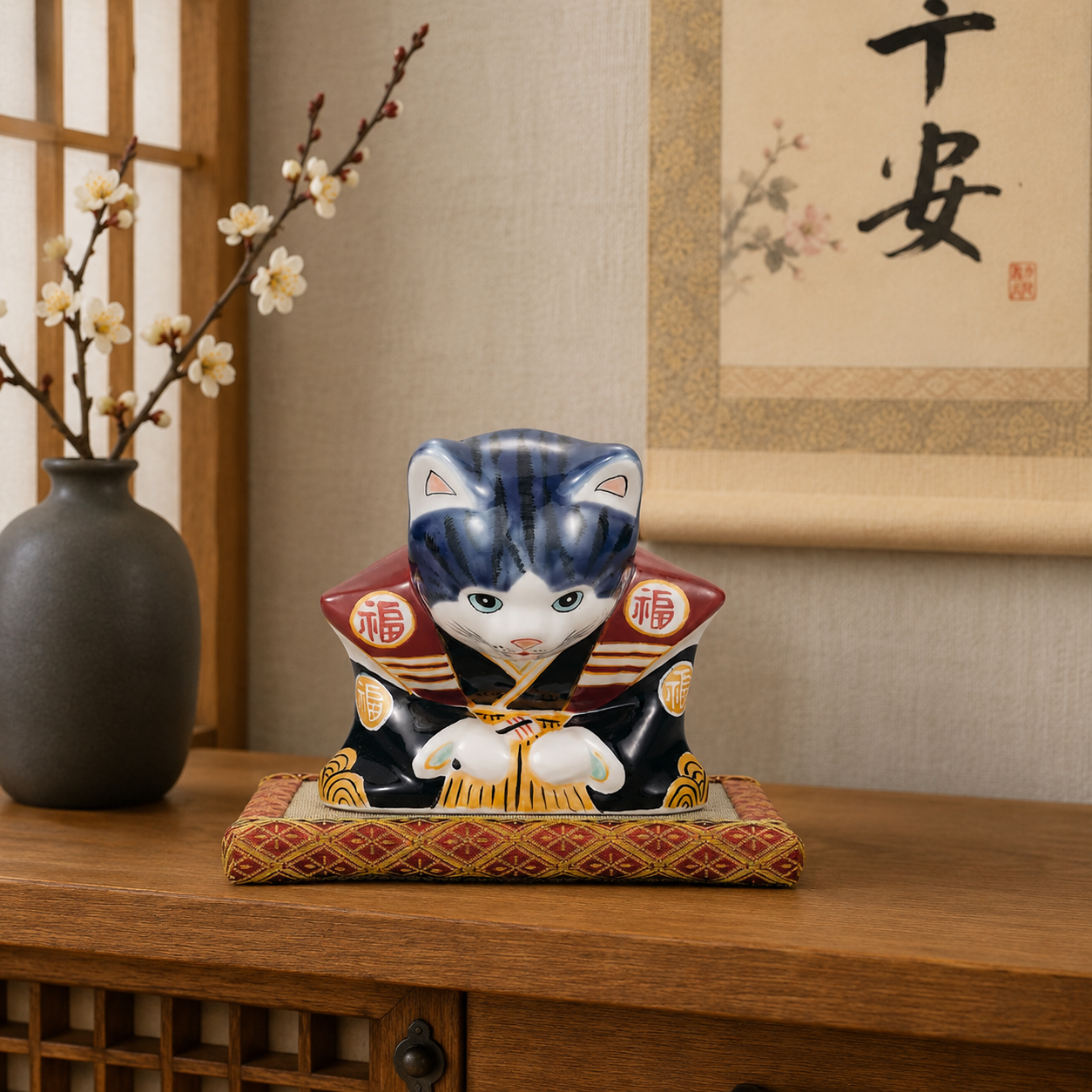 KUTANI WARE FUKUSUKE BOWING CAT – PURPLE GLAZED LUCKY CAT