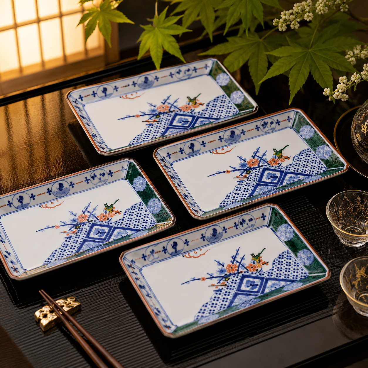 (IMPERIAL HOUSEHOLD KILN) KUTANI WARE LONG RECTANGULAR PLATE SET “IROE MARUMON SHONZUI” / CHOZA YAMAMOTO