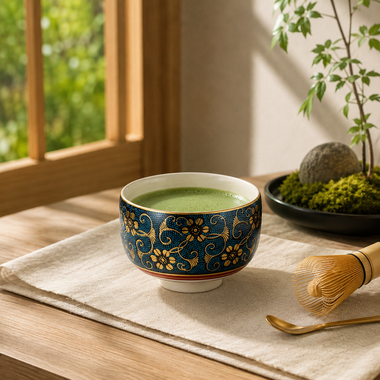 KUTANI WARE  MATCHA BOWL CHAWAN KUTANI AOCHIBU TESSEN