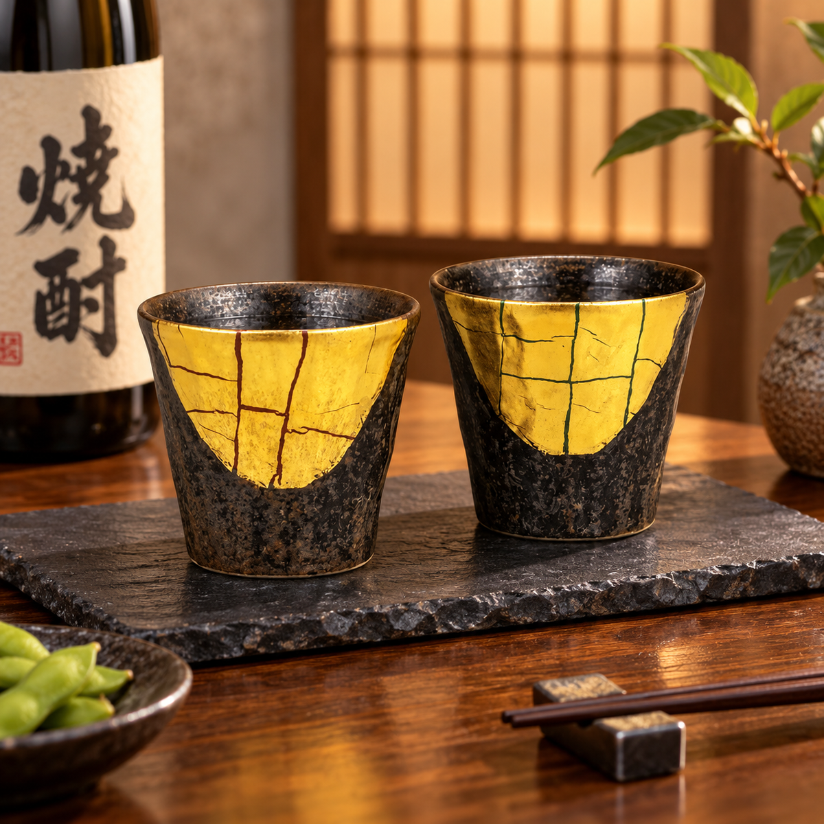 KUTANI WARE SHOCHU CUP SET (PAIR) – GOLD LEAF DECORATION