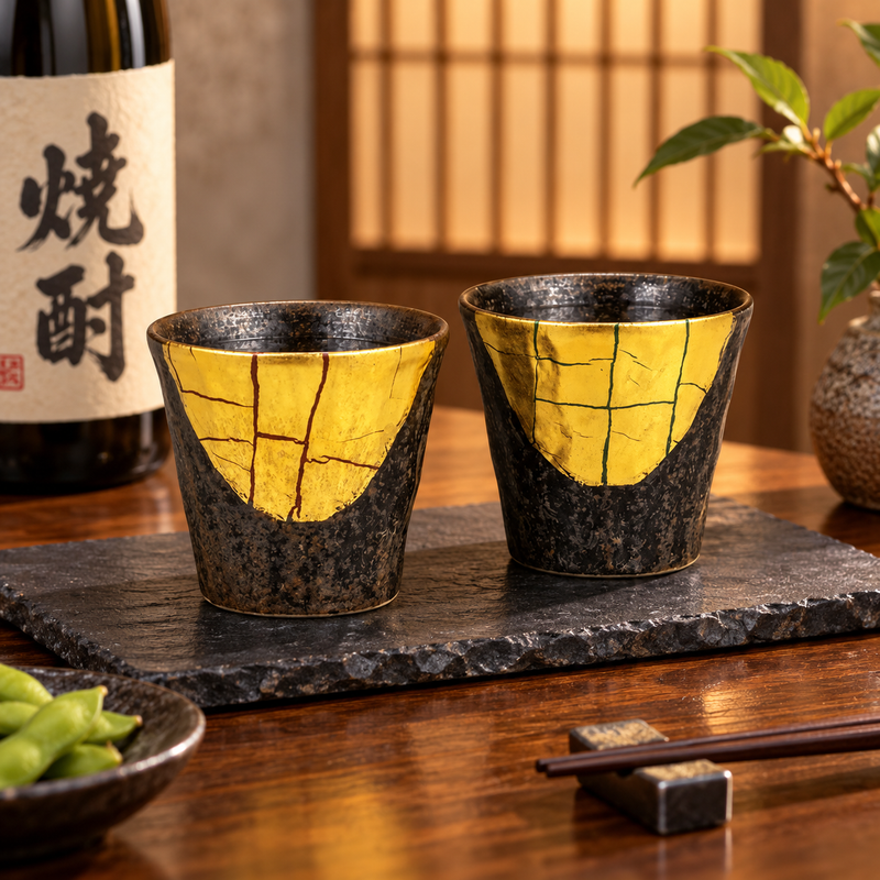 KUTANI WARE SHOCHU CUP SET (PAIR) – GOLD LEAF DECORATION