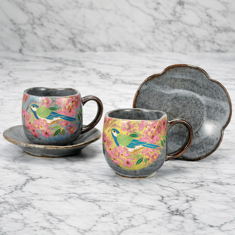 KUTANI WARE PAIR COFFEE GOLDEN CHERRY BLOSSOM BIRD