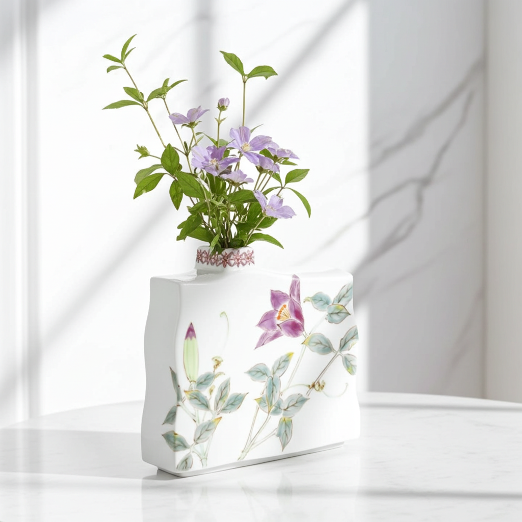 KUTANI WARE SINGLE-STEM VASE – “TESSEN” (CLEMATIS) HAND-PAINTED BY YUKA HIRANO | GIFT BOX INCLUDED