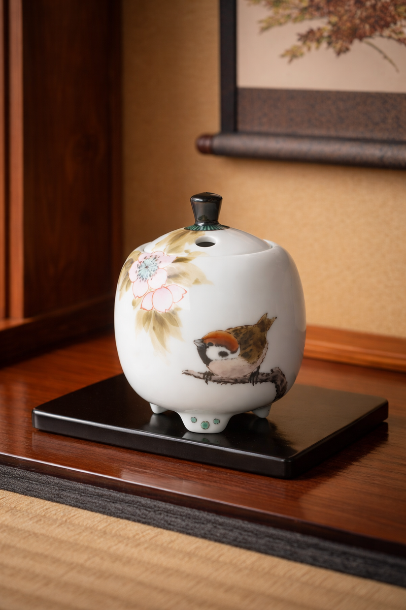 KUTANI WARE MINI INCENSE BURNER “SPARROWS AND CHERRY BLOSSOMS” BY TOSHITO NAKAMURA (WOODEN BOX INCLUDED)