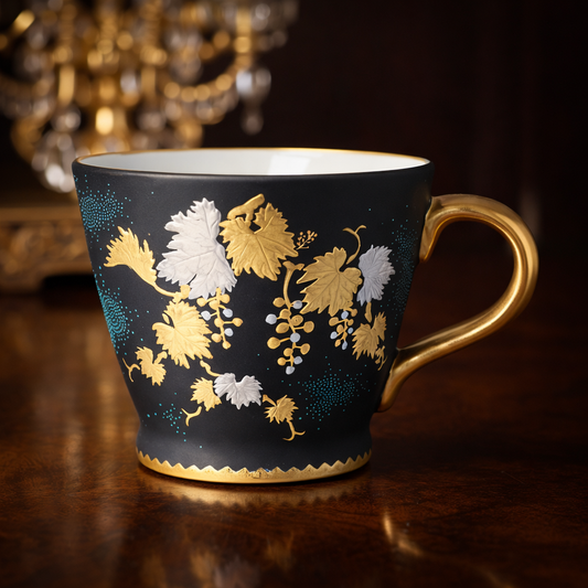 KUTANI WARE HANDLE CUP – SHIROGANE MORI GRAPE DESIGN WITH AOCHIBU BLUE DOTS BY KINGYOKU NAKADA