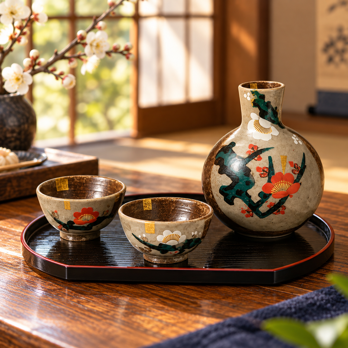 KUTANI WARE SAKE SET RED AND WHITE PLUM BLOSSOMS / YOSHINORI FUKUDA