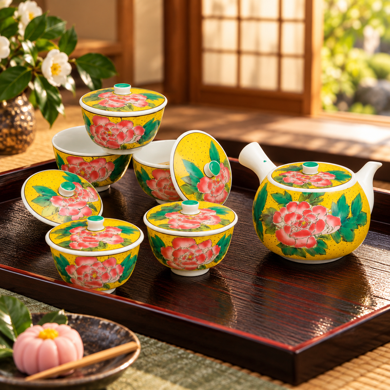 JAPANESE KUTANI TEAPOT SET YOSHIDAYA-STYLE PEONY / IKUMI SAWADA