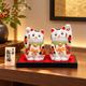 KUTANI WARE JAPANESE PAIR OF MANEKI NEKO LUCKY CATS WITH MORI DECORATION (DISPLAY BASE, MAT & NAME PLAQUE INCLUDED)