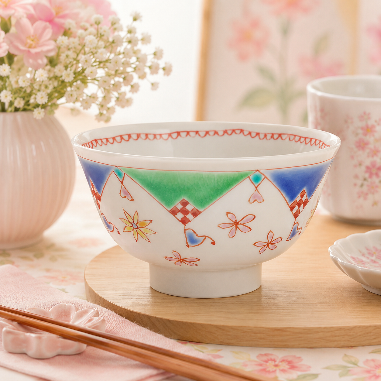 KUTANI WARE SINGLE RICE BOWL - HANAMATSURI (BLUE) DESIGN / GINSYUU KILN