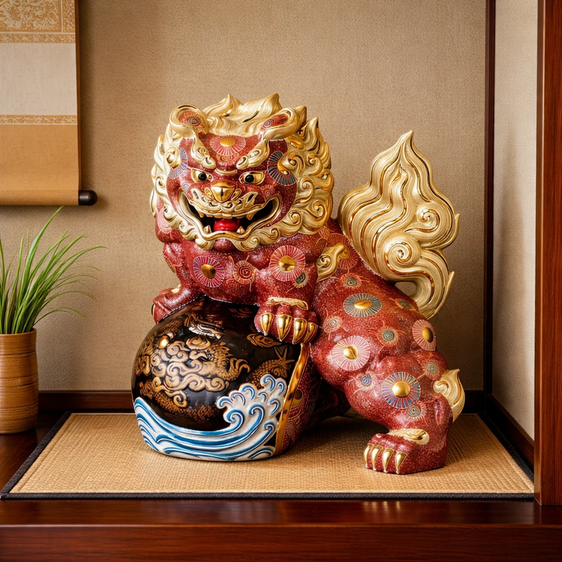 KUTANI WARE STANDING LION WITH DRAGON SCULPTURE – PREMIUM JAPANESE PORCELAIN GUARDIAN STATUE, HANDCRAFTED KUTANI SHISHI OKIMONO