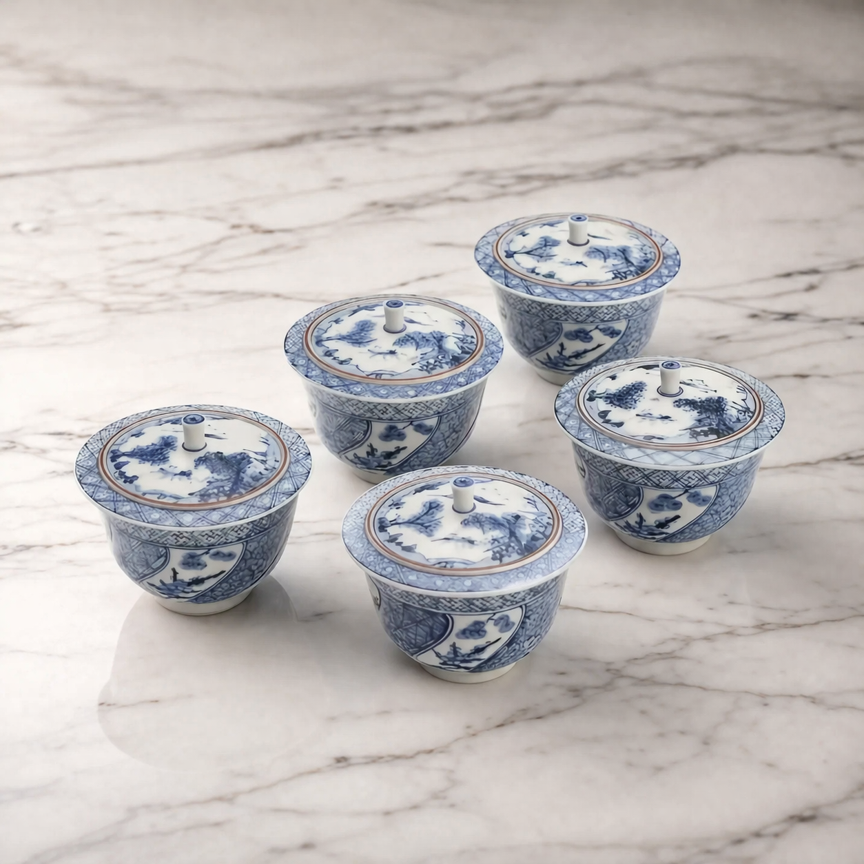 JAPANESE KUTANI WARE [IMPERIAL HOUSEHOLD PURVEYOR KILN] LIDDED TEA CUP SET – SHONZUI STYLE BY CHOZA YAMAMOTO