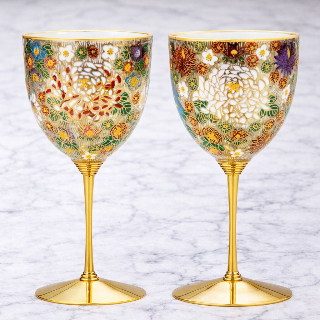 KUTANI WARE PAIR WINE CUPS – KIN HANAZUME (GOLD FLOWER PATTERN)