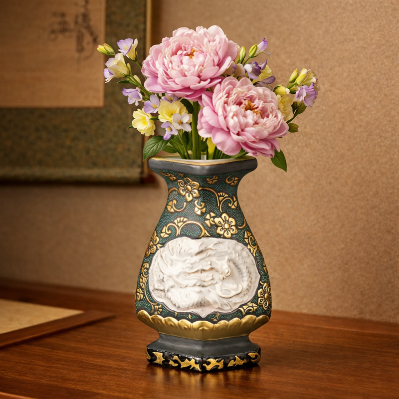 KUTANI WARE FLOWER VASE – RAISED GOLD ARABESQUE WITH AOCHIBU DRAGON & PHOENIX/KINGYOKU NAKADA