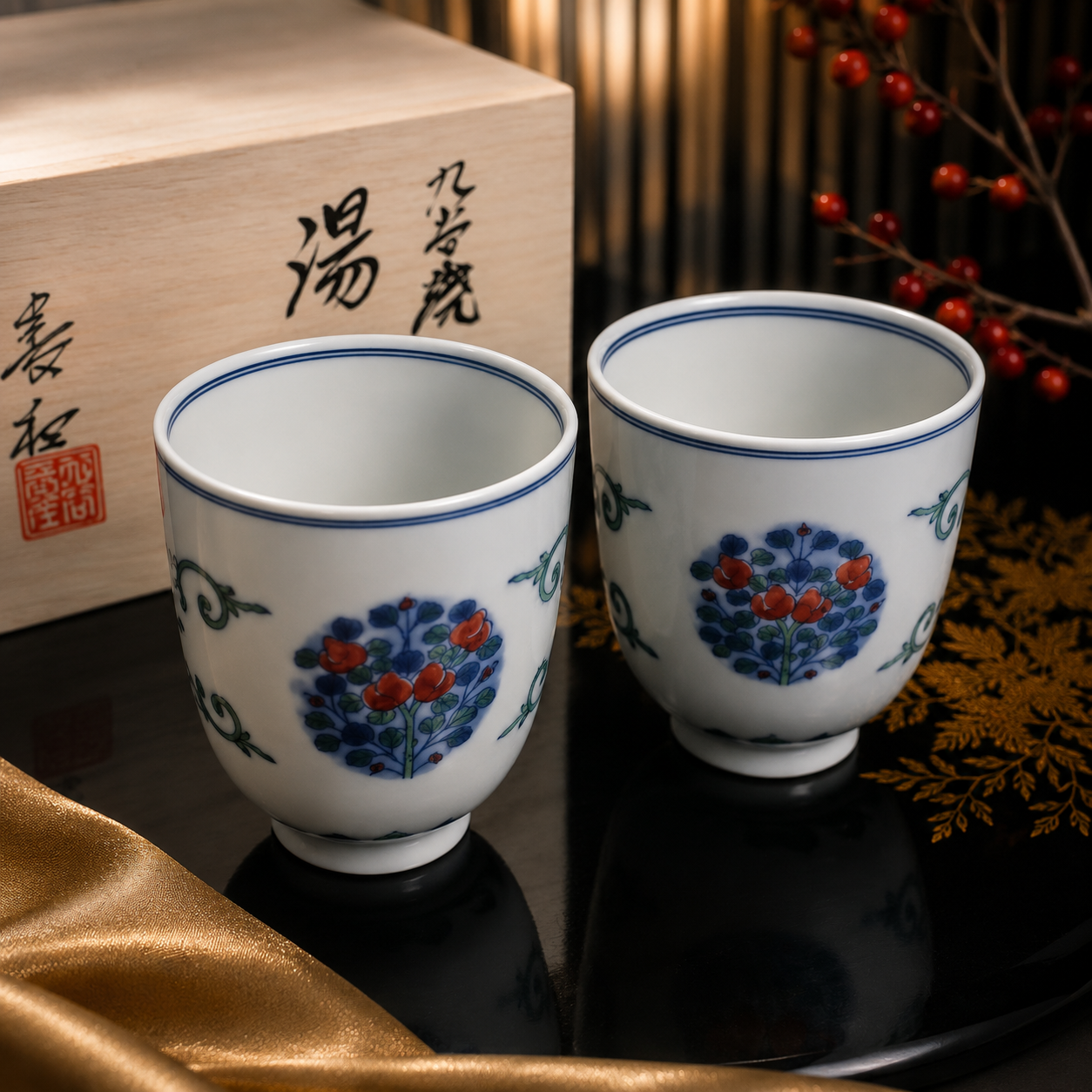 [IMPERIAL HOUSEHOLD PURVEYOR KILN] KUTANI WARE PAIR YUNOMI TEACUPS – TOSAIZU PEACH FRUIT DESIGN / CHOZA YAMAMOTO