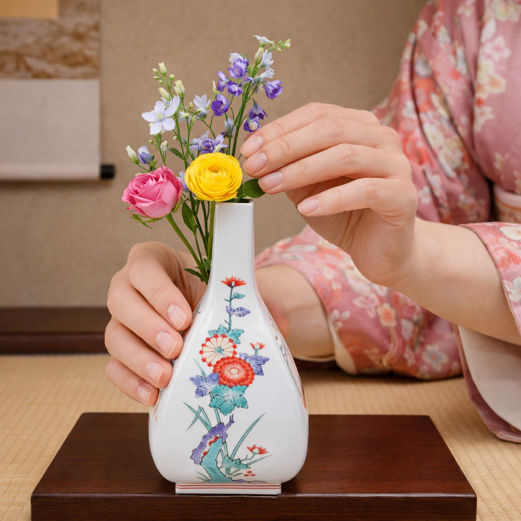 KAKIEMON KILN ARITA PORCELAIN SQUARE IKEBANA VASE – CHRYSANTHEMUM, PLUM BLOSSOM AND BIRD MOTIF