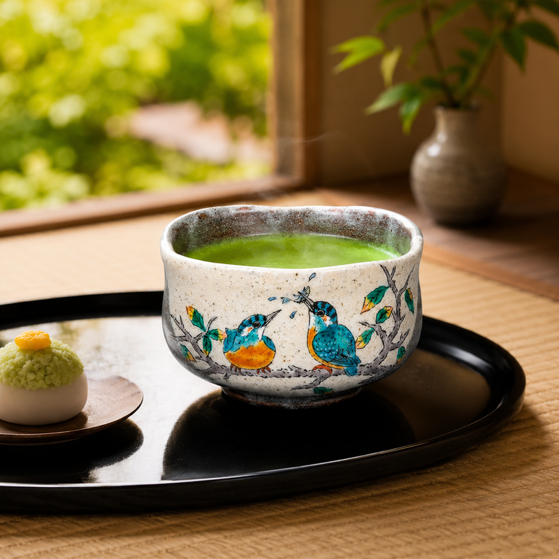 KUTANI WARE MATCHA BOWL – HANDCRAFTED JAPANESE TEA CEREMONY CHAWAN ‘KINGFISHER