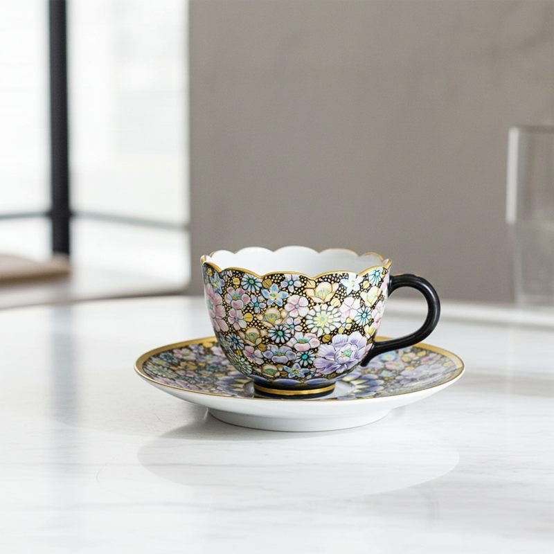 JAPANESE KUTANI CUP & SAUCER SET – HANA-ZUME FLORAL GOLD DECORATION BY ARTIST TAKAFUMI TAKA
