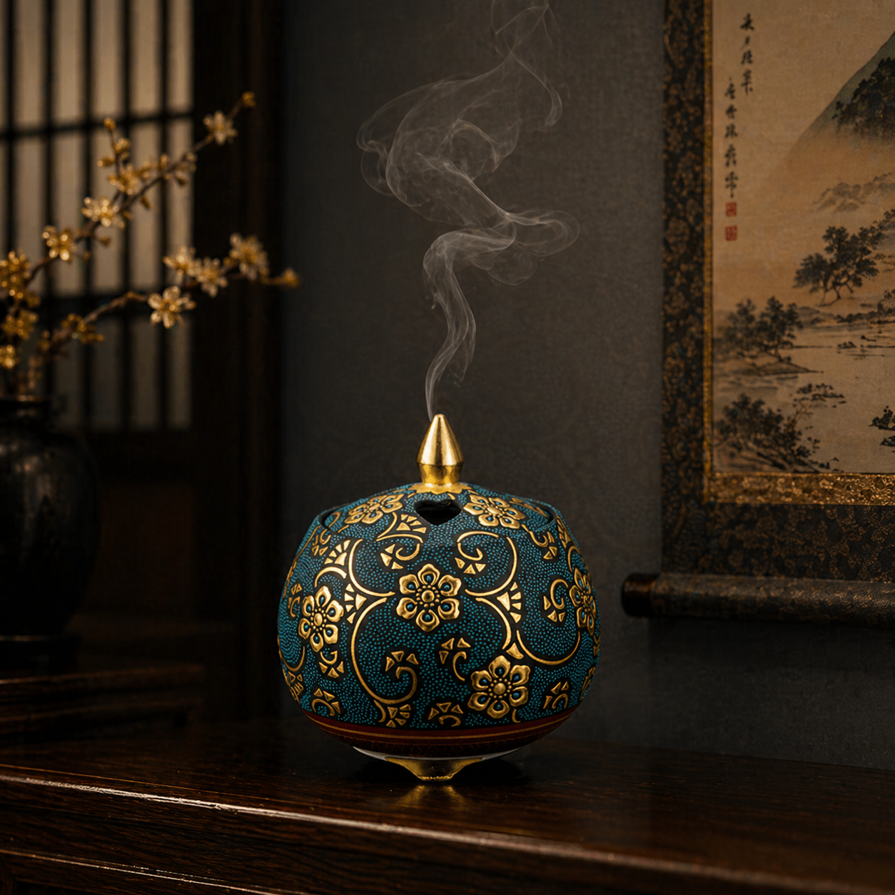 KUTANI WARE INCENSE BURNER WITH AOCHIBU & RAISED GOLD “HŌSŌGE ARABESQUE” BY KINGYOKU NAKATA|PAULOWNIA BOX