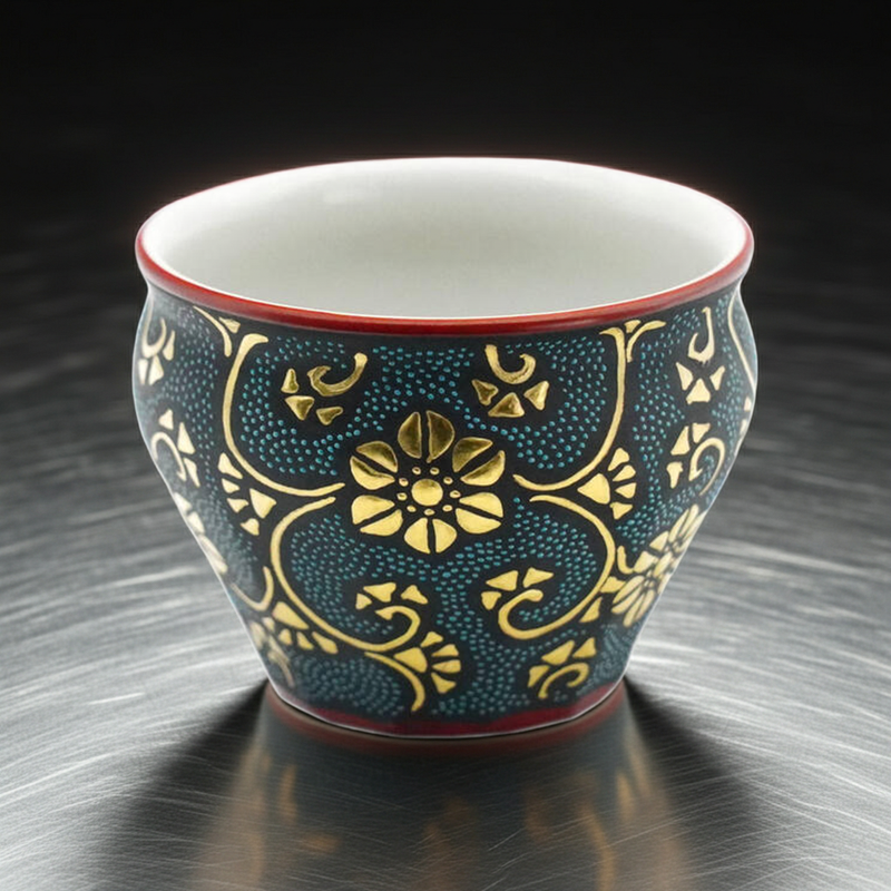 KUTANI WARE SAKE CUP – BLUE AOCHIBU WITH GOLD TESSEN ARABESQUE AND “MOON WITH CHERRY BLOSSOMS” DESIGN BY KINGYOKU NAKATA