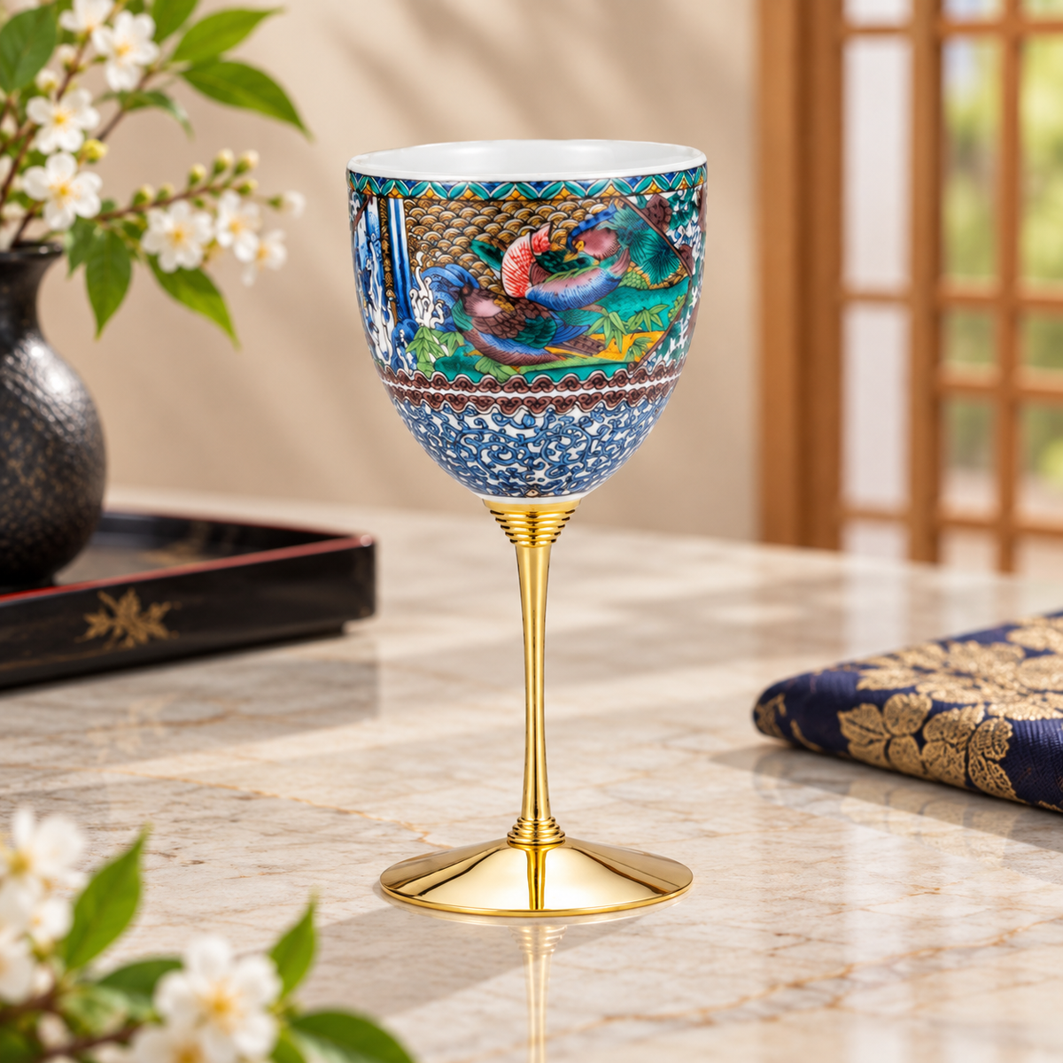 KUTANI WARE WINE GLASS - KO-KUTANI BIRD AND FLOWER DESIGN
