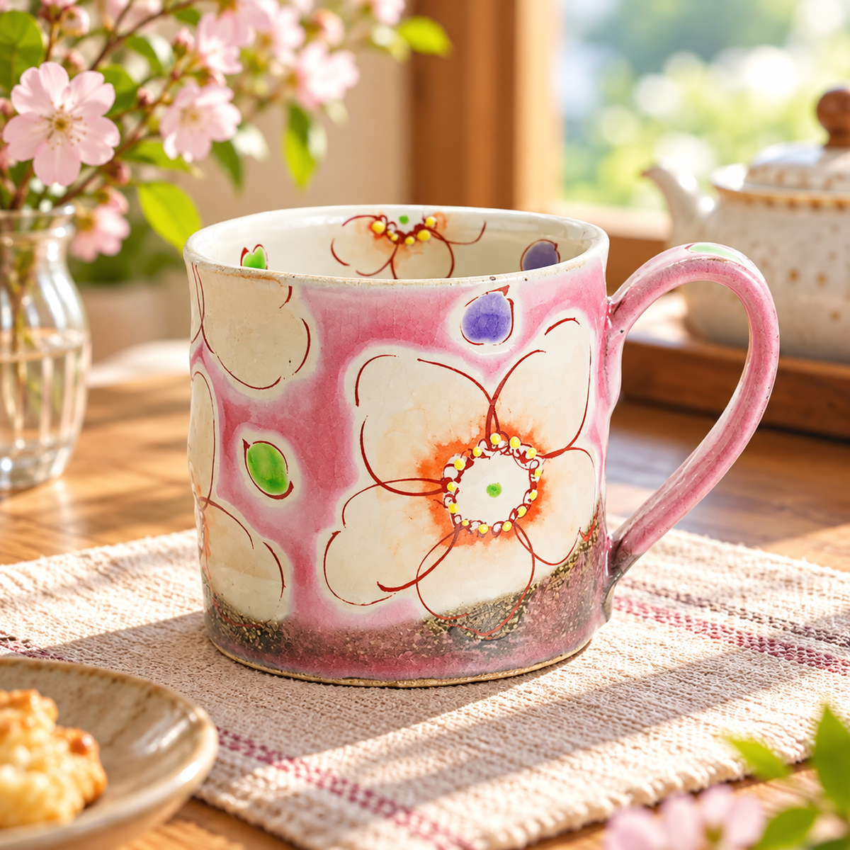 KUTANI WARE MUG CUP PINK FLOWER ULALA / KOKUZOU KILN