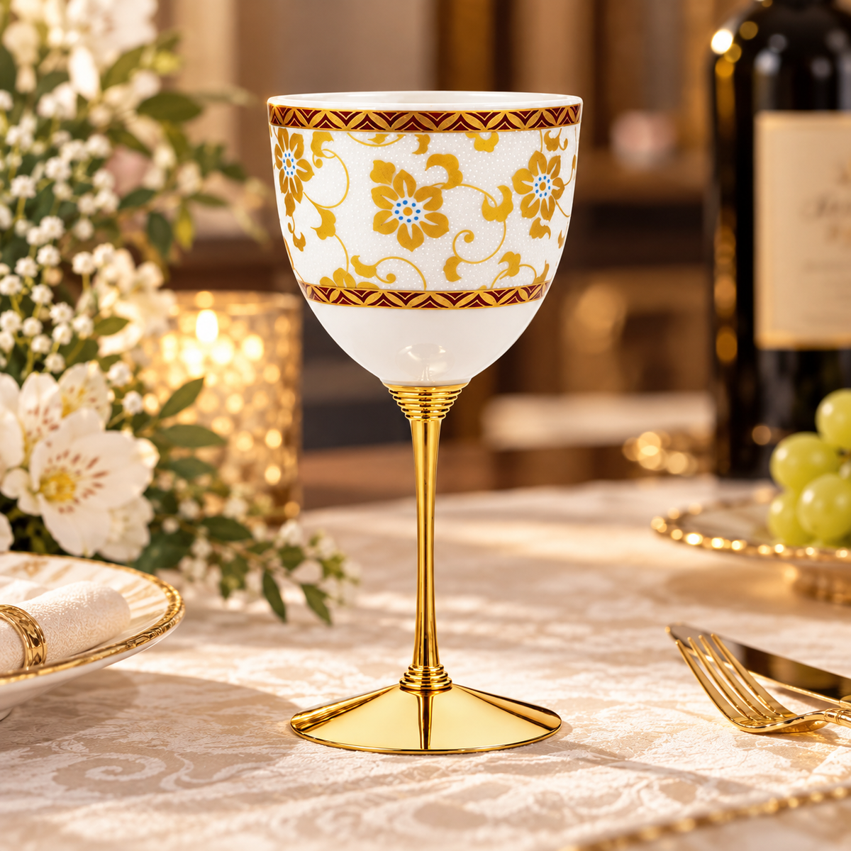 JAPANESE KUTANI PORCELAIN WINE GLASS – SHIRO-CHIBU TESSEN PATTERN