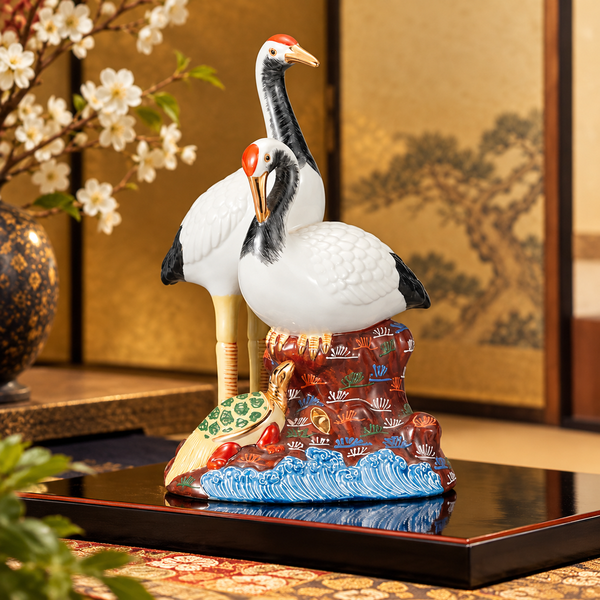 KUTANI CRANE AND TURTLE ORNAMENT – MORIE RAISED-PAINTING DESIGN