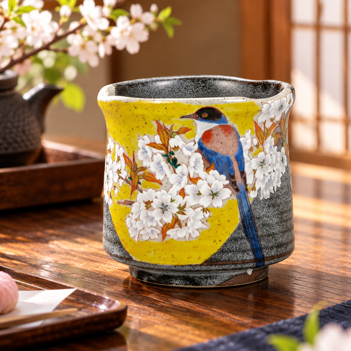 KUTANI WARE BIRD AMONG MOUNTAIN CHERRY BLOSSOMS / YOSHIDAYA STYLE
