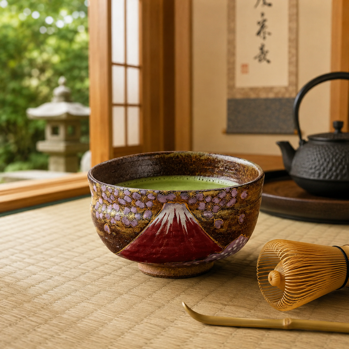 KUTANI WARE MATCHA BOWL  GOLDEN CLOUDS, SAKURA & MT. FUJI’ BY YOSHINORI FUKUDA