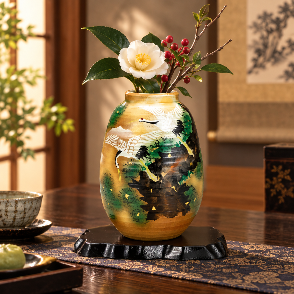 JAPANESE KUTANI WARE FLOWER VASE CRANE AMONG PINES