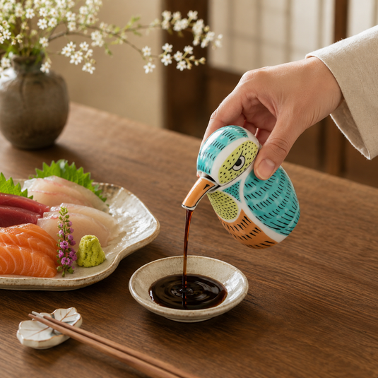 ARITA WARE NISHIKI KINGFISHER-SHAPED SOY SAUCE DISPENSER / KOURAKU
