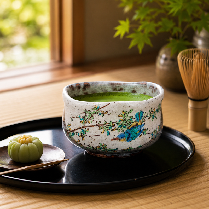 KUTANI WARE MATCHA BOWL “KINGFISHER” – HANDCRAFTED JAPANESE TEA BOWL WITH WOODEN BOX
