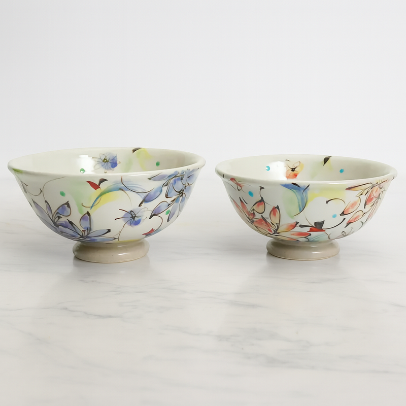 KUTANI WARE SET OF RICE BOWLS - SAIKA (COLORFUL FLORAL DESIGN), KOKUZOU KILN, JAPANESE CERAMIC BOWLS