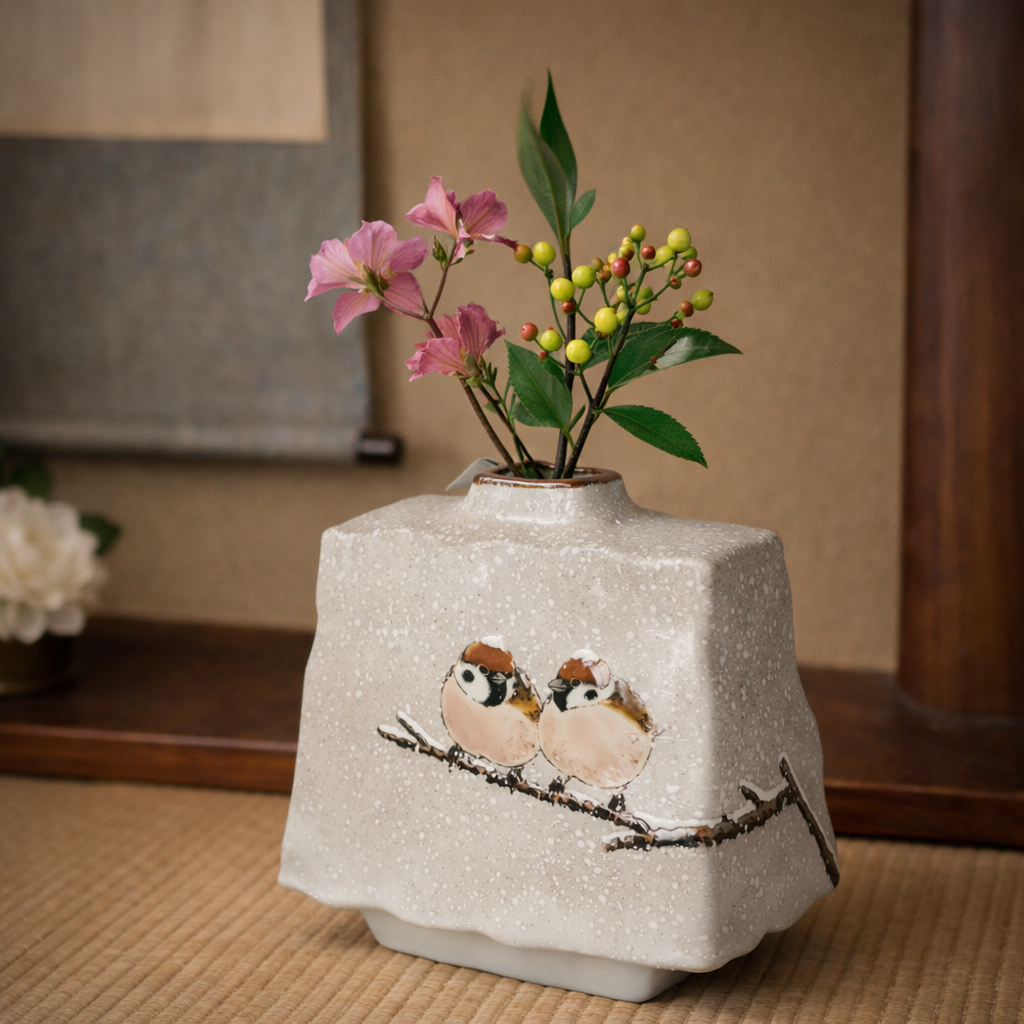 KUTANI WARE TRAPEZOID VASE “TWO SPARROWS IN SNOW” BY TOSHITO NAKAMURA (GIFT BOX INCLUDED)