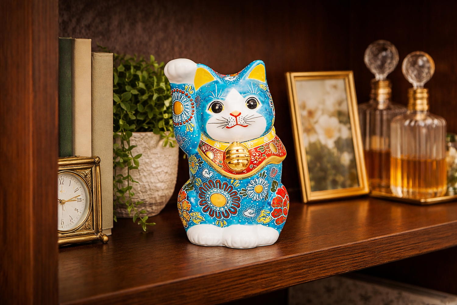 JAPANESE KUTANI PORCELAIN MANEKI NEKO – DARK BLUE RAISED ENAMEL DESIGN