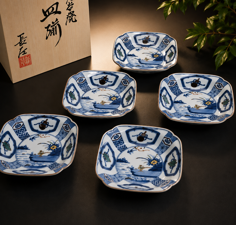 [IMPERIAL HOUSEHOLD PURVEYOR] KUTANI WARE SOMETSUKE PEACH BLOSSOM & BIRD DESIGN / CHOZA YAMAMOTO