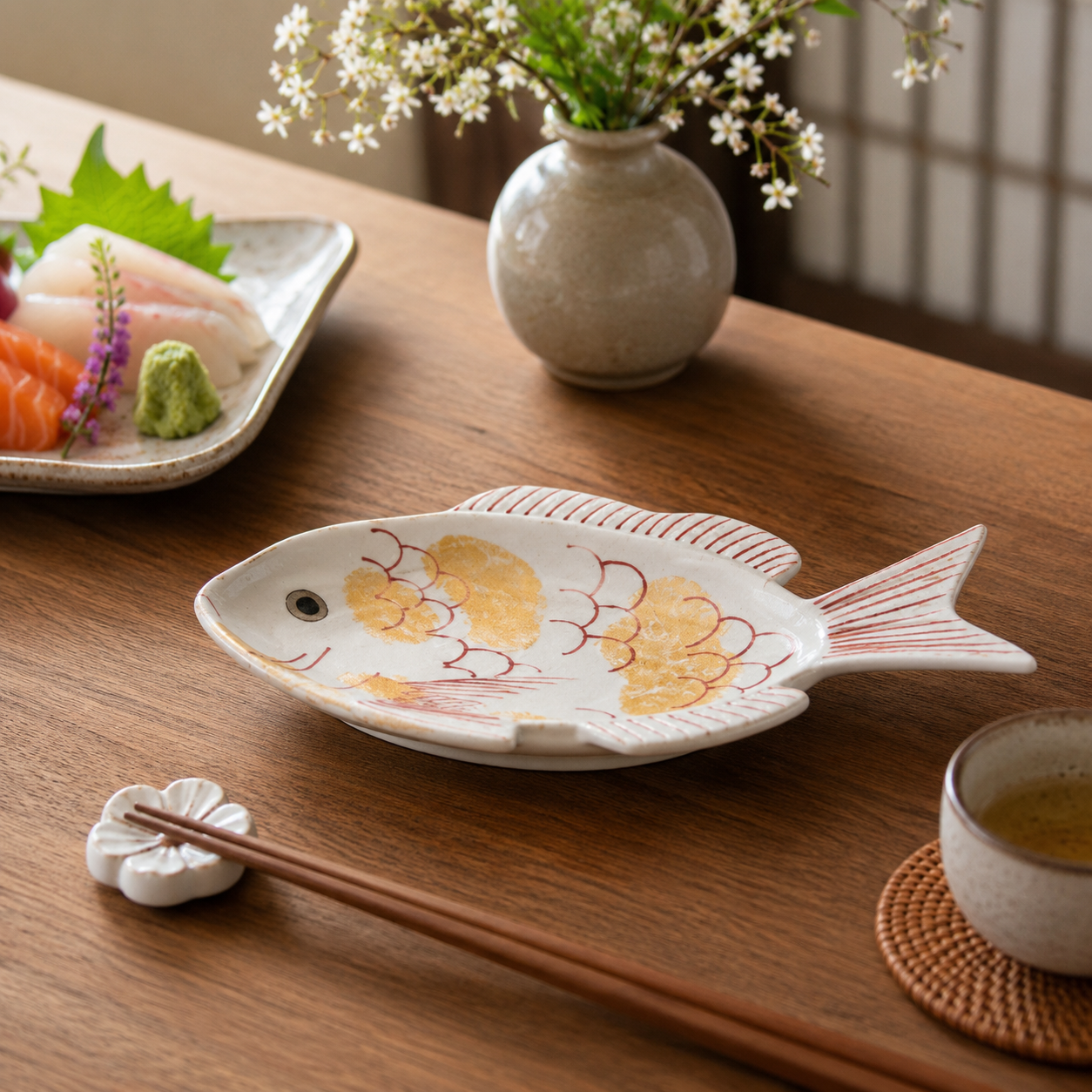 ARITA WARE NISHIKI GOLD-ACCENTED TAI-SHAPED DISH / KOURAKU KILN