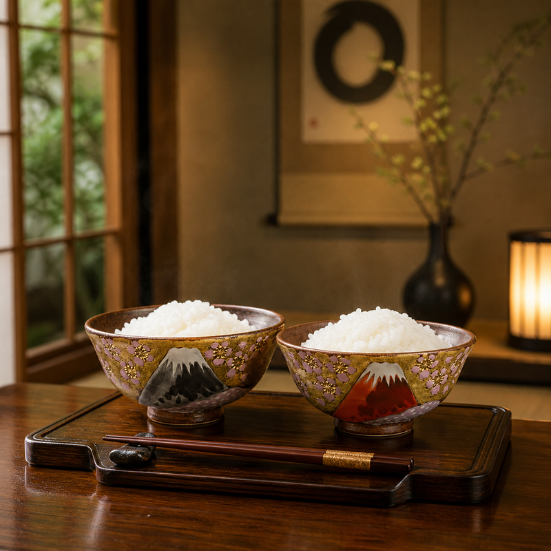 KUTANI WARE RICE BOWL PAIR – “GOLDEN CLOUD SAKURA FUJI” BY YOSHINORI FUKUDA (GIFT BOXED)