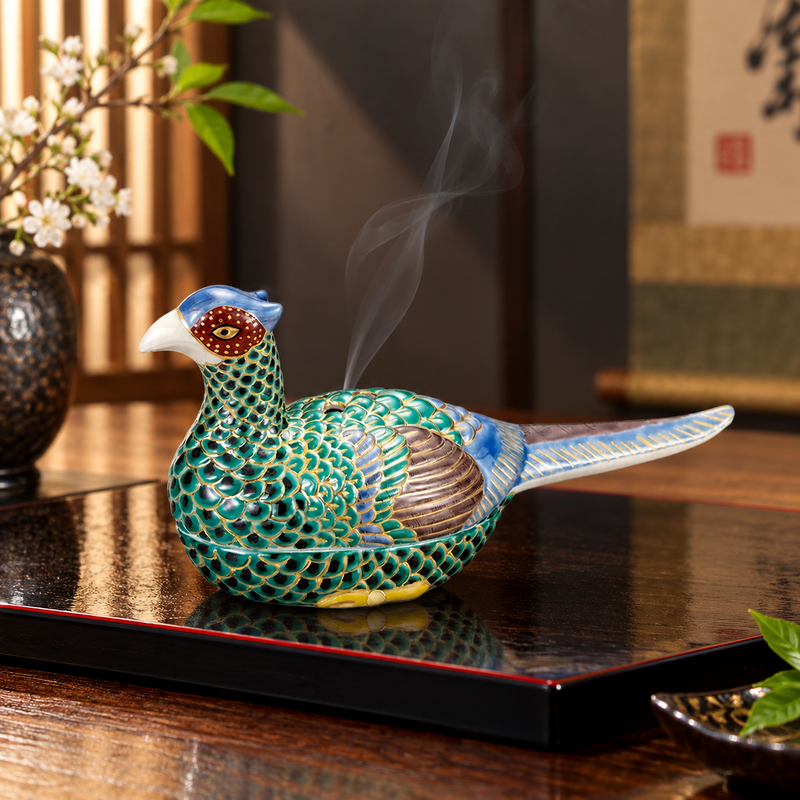 KUTANI WARE PHEASANT INCENSE BURNER NINSEI STYLE