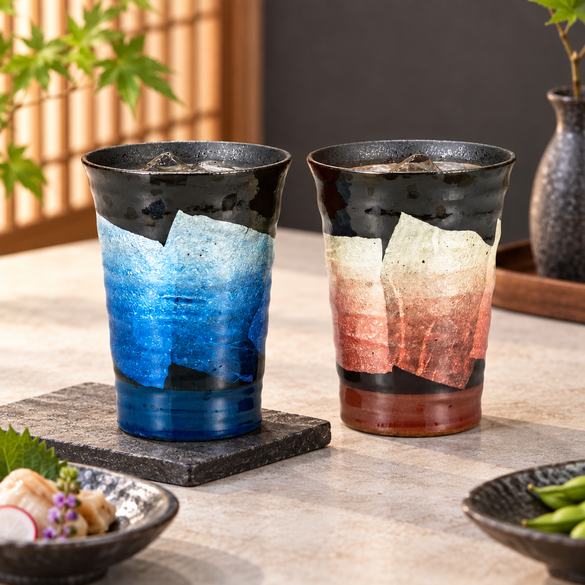 KUTANI WARE PAIR OF FREE CUPS  GINSAI SILVER GLAZE
