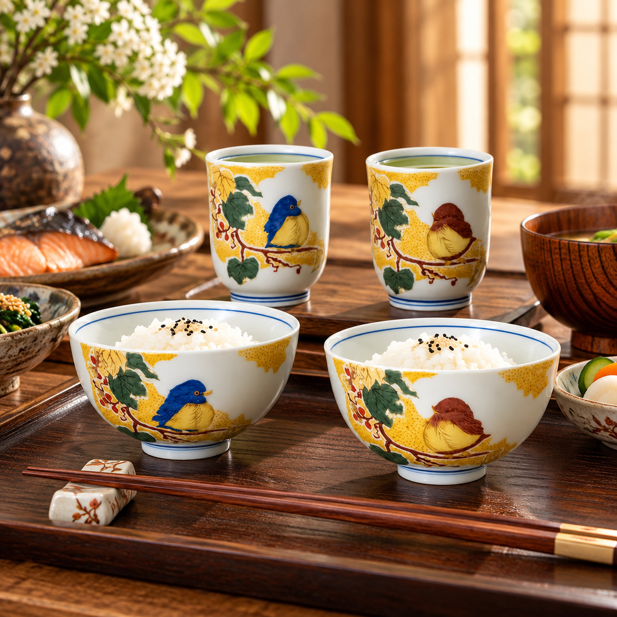 KUTANI WARE PAIR RICE BOWL SET YOSHIDAYA-STYLE SPARROWS