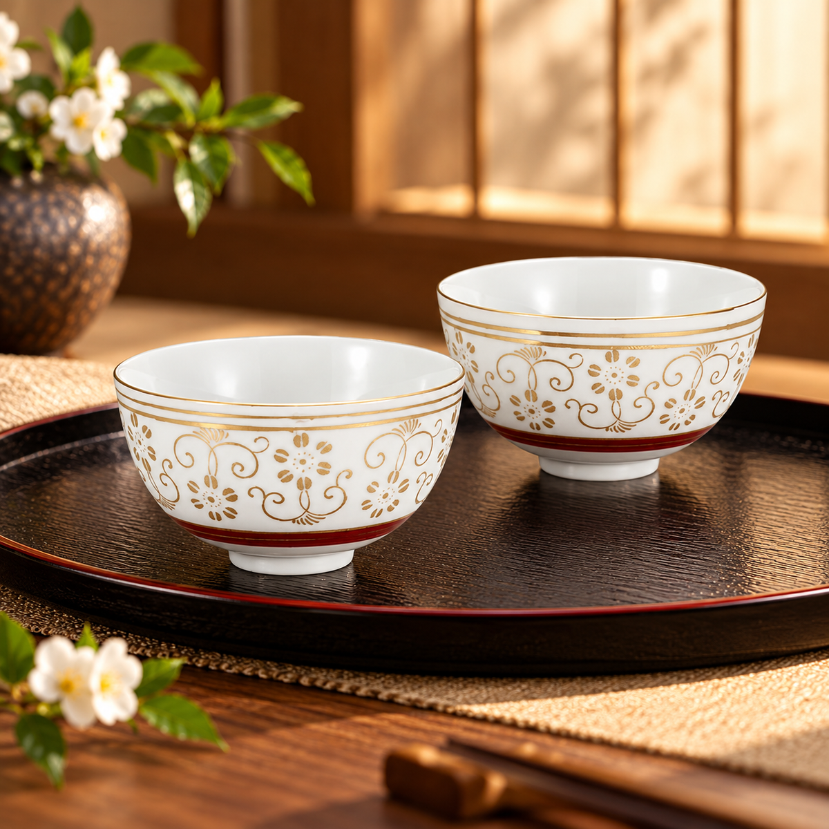 JAPANESE KUTANI RICE BOWL SET - SHIROCHIBU TESSEN DESIGN