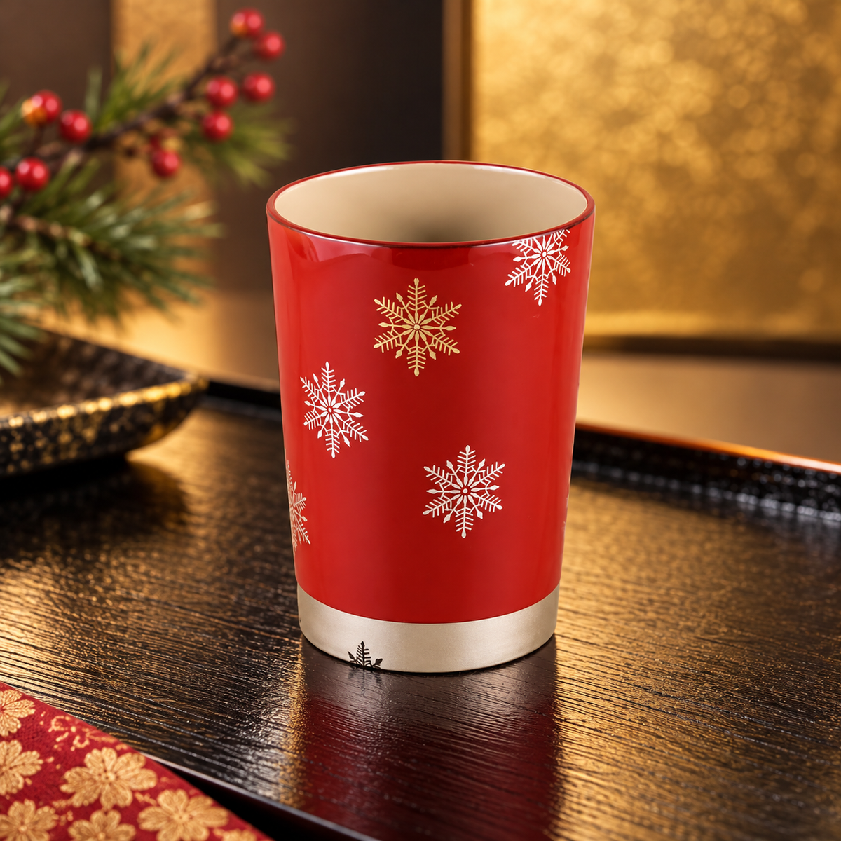 WAJIMA LACQUERWARE FREE CUP SNOW CRYSTAL MAKI-E VERMILION WHITE