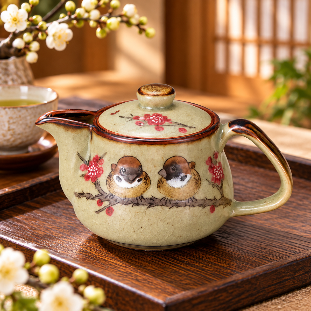 KUTANI WARE TEAPOT SPARROW (SUZUME) WITH STRAINER