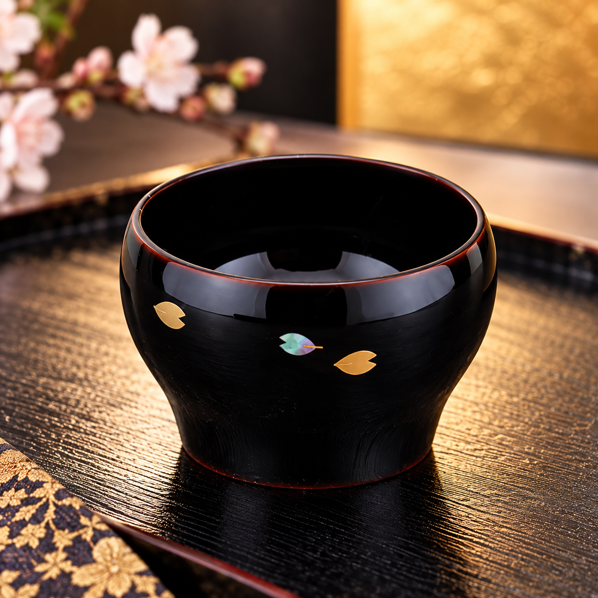 WAJIMA LACQUERWARE GUINOMI TAME-NURI SAKURA MAKI-E
