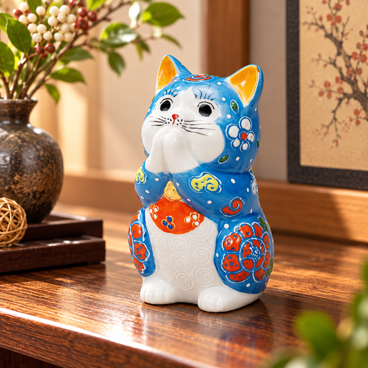KUTANI WARE PRAYING CAT – AO-MORI (BLUE RAISED DECORATION)