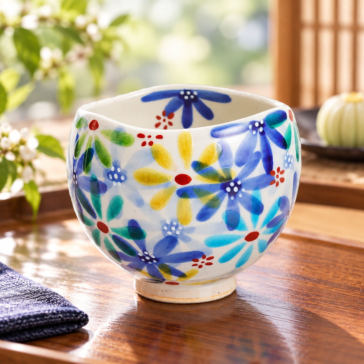 JAPANESE KUTANI WARE IPPUKU BOWL UTAGE HANA URARA / KOKUZOU KILN