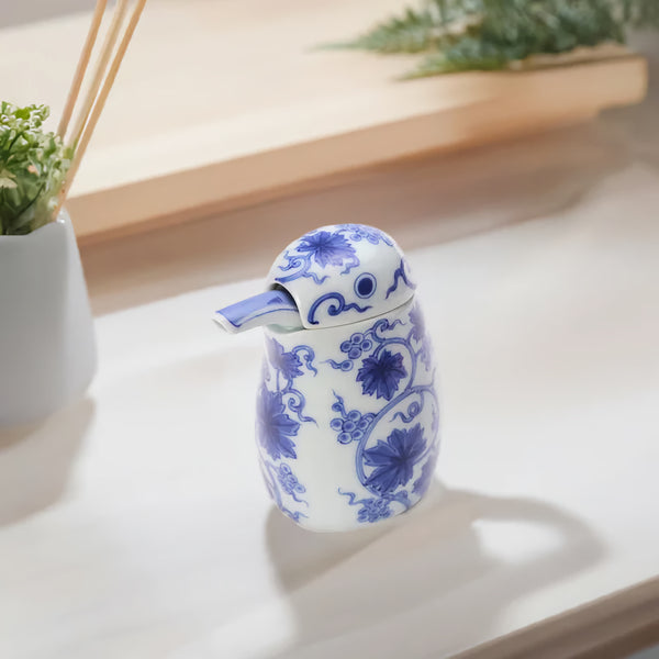 ARITA PORCELAIN SOY SAUCE DISPENSER – SOMETSUKE ARABESQUE, KINGFISHER SHAPE | KOURAKU KILN