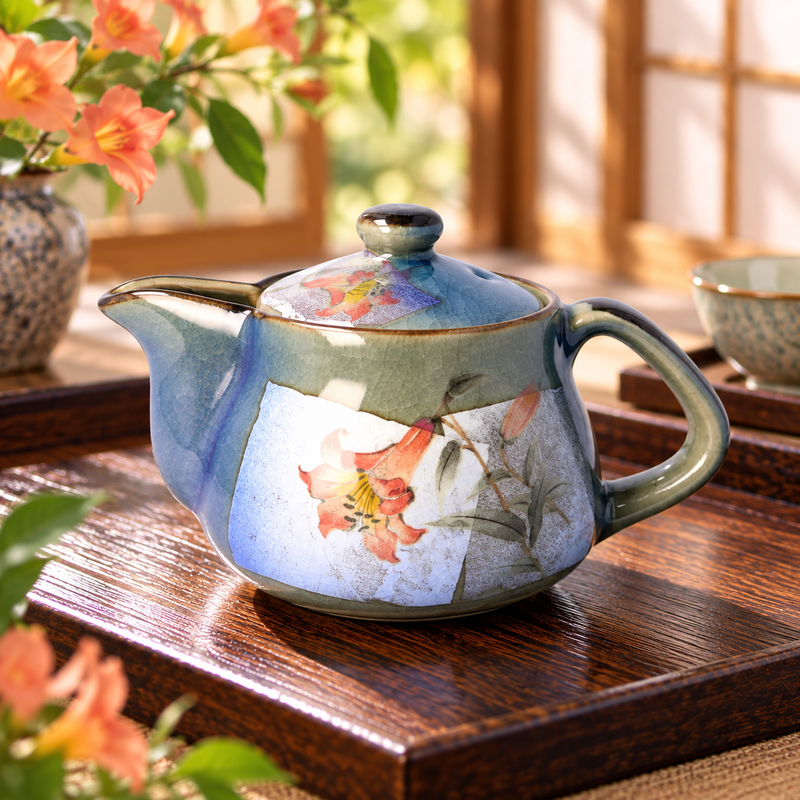 KUTANI WARE TEAPOT – SILVER-GLAZED BLUE LILY / BIZAN KILN